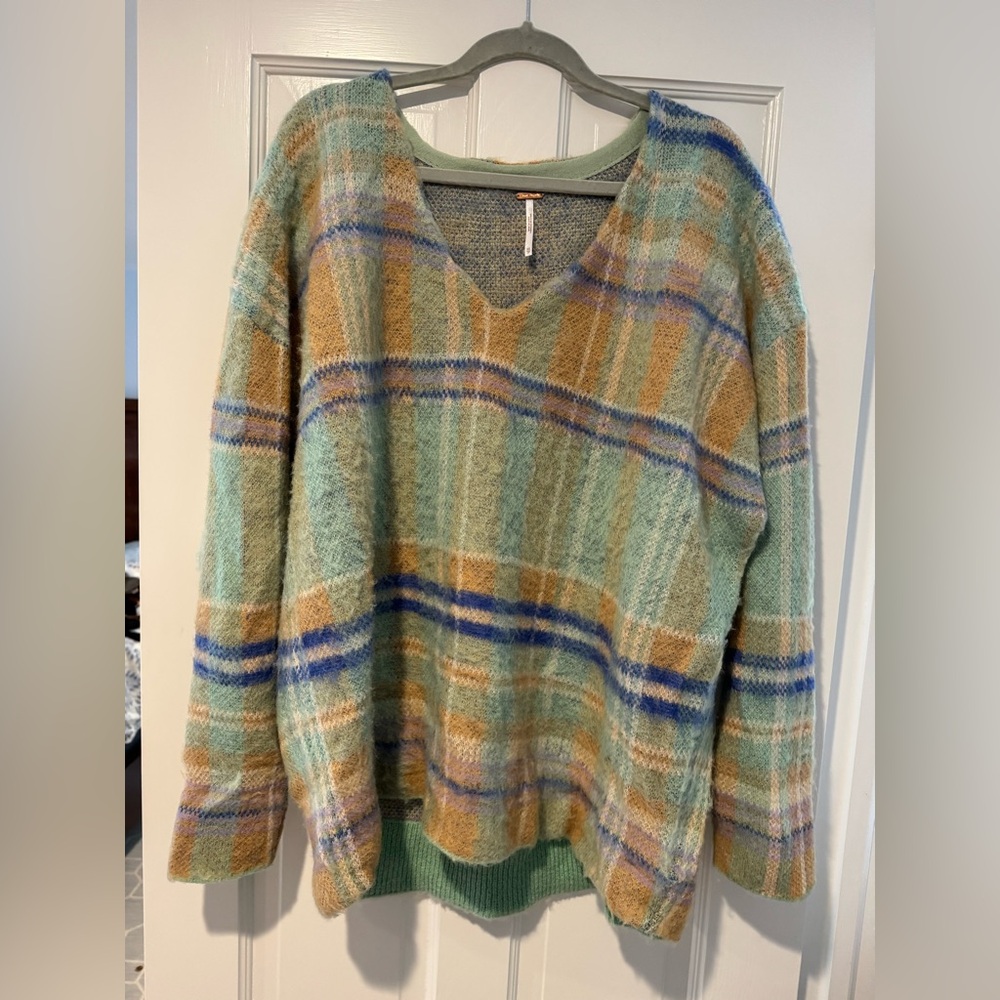 Free People Multicolor Plaid V-Neck Sweater